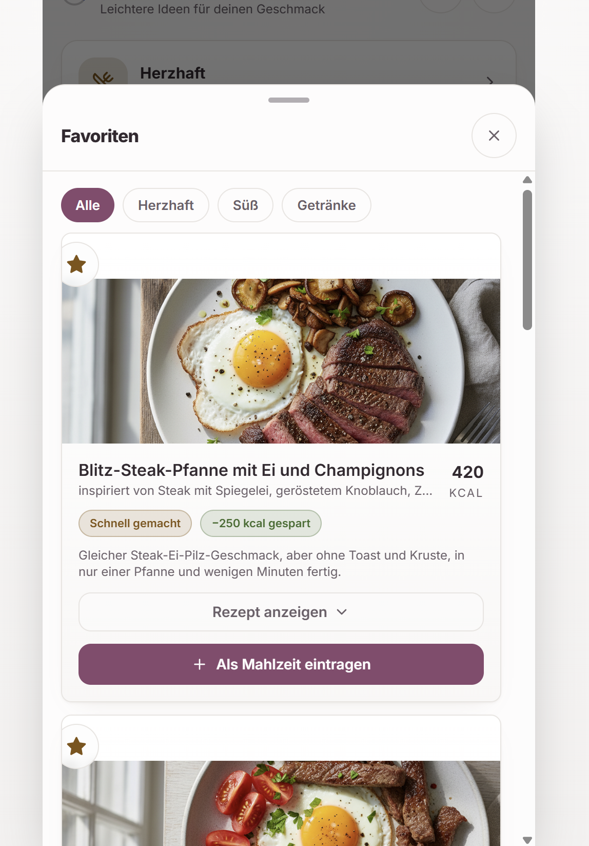 App-Screenshot: Favoriten — Vorschlag mit gespartem kcal-Badge