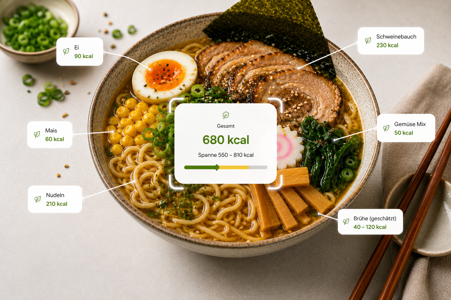 Ramen-Bowl, von der KI je Zutat geschätzt — Ei 90, Nudeln 210, Schweinebauch 230 kcal u. a., gesamt 680 kcal, Spanne 550–810 kcal